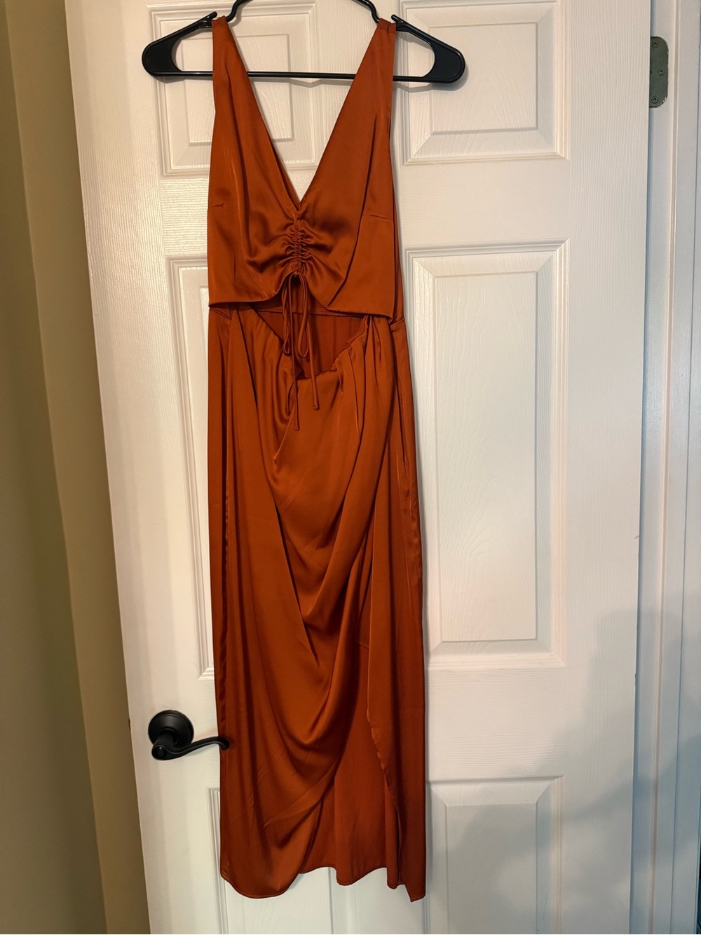 Abercrombie & Fitch Satin Rust Maxi Dress with Ruched V-Neck